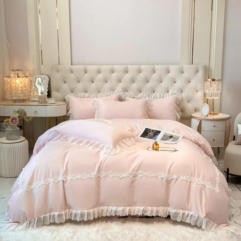 Washed Tencel Lace Bed Set with Duvet Cover – Elegant Solid Color Bedding for a Princess Style Bedroom 8