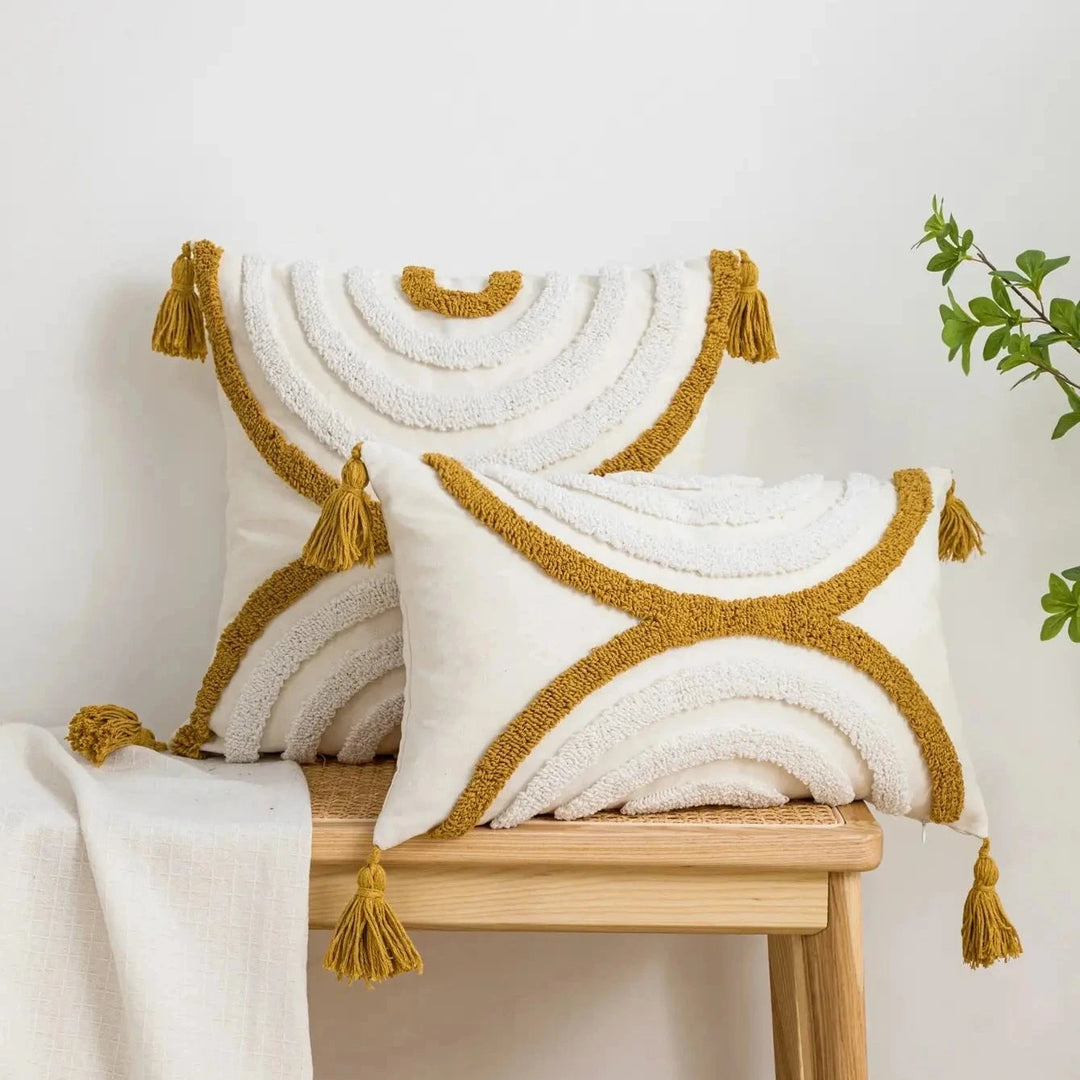 Yellow Geometric Arc Pattern Pillow Cover – Bohemian Decor for Living Room or Bedroom 0