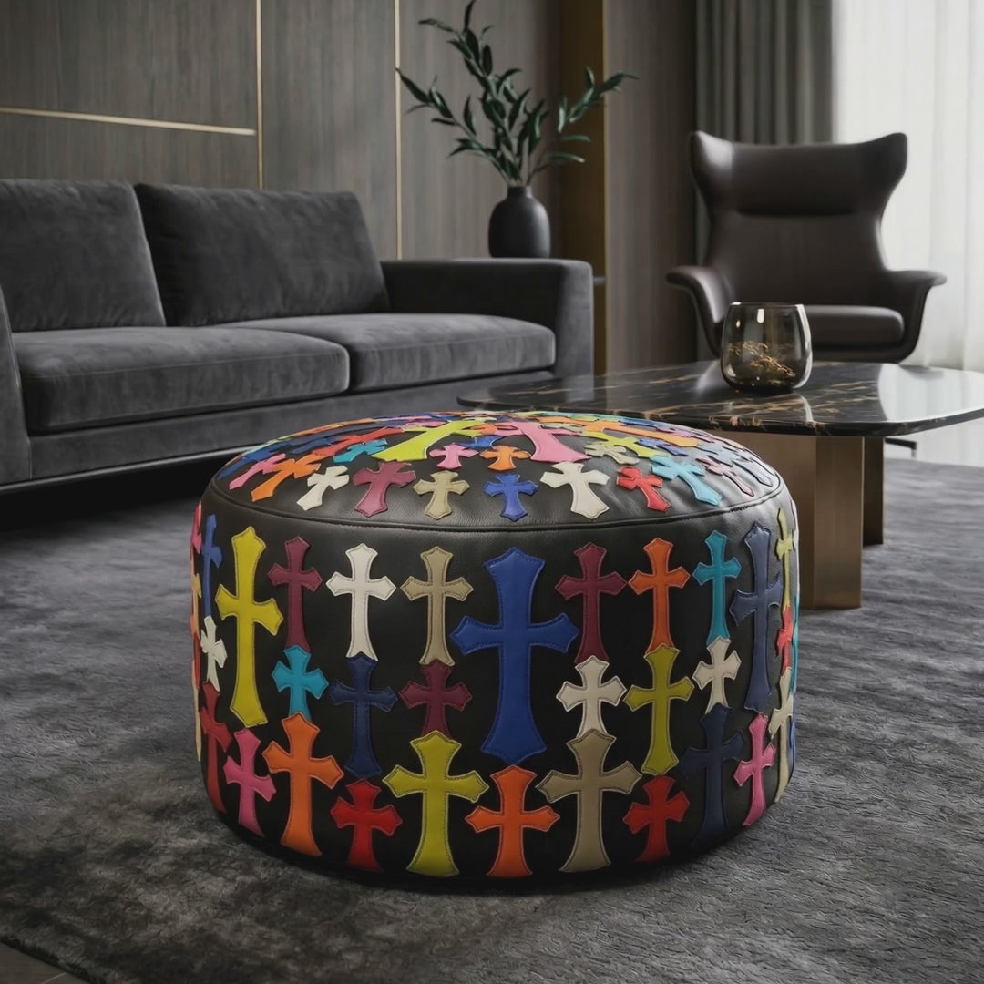 Sovereign Grand Ottoman – Handcrafted Leather Ottoman with Gothic Cross Motif