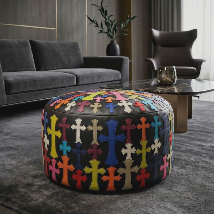 Sovereign Grand Ottoman – Handcrafted Leather Ottoman with Gothic Cross Motif
