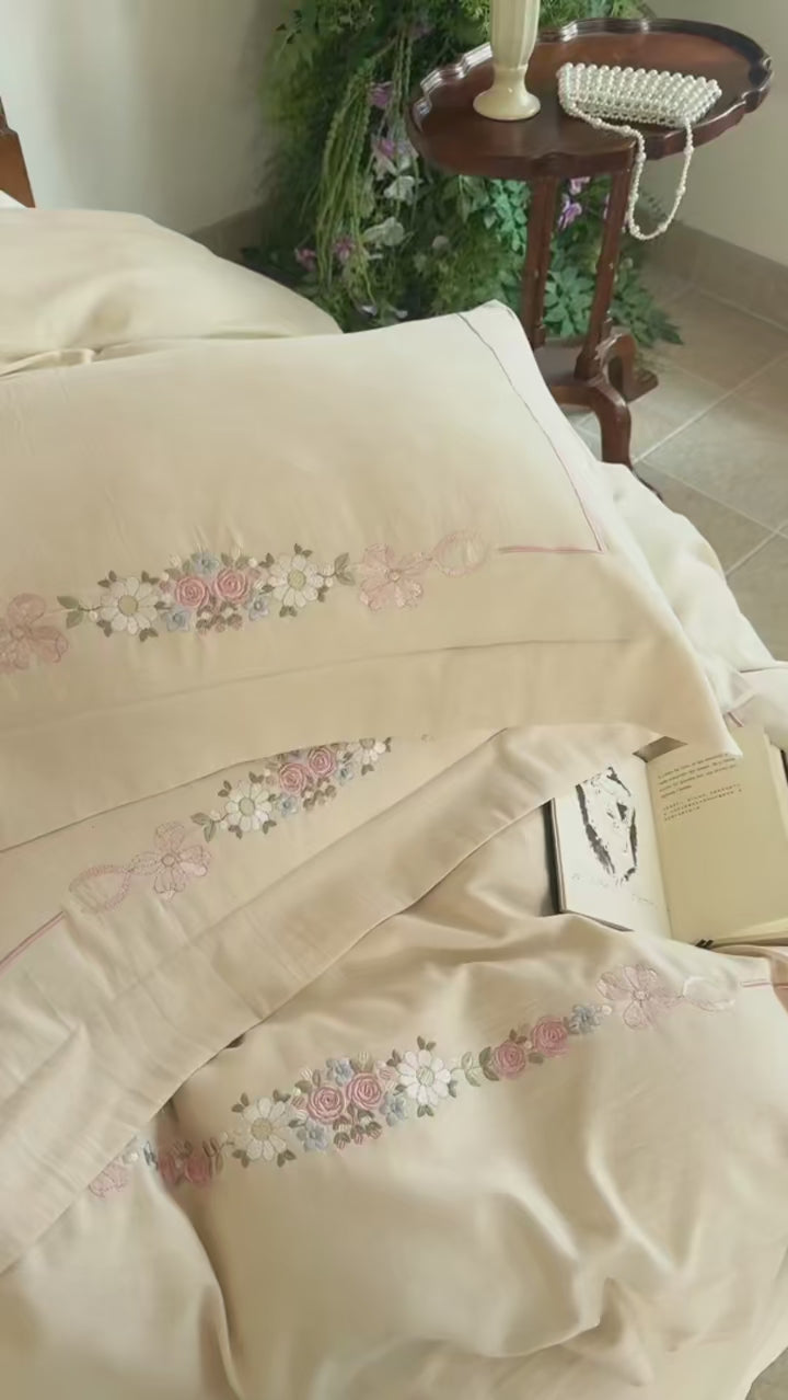 Natural Cotton Linen Floral Embroidery Bedding Set – Luxurious Duvet Cover and Sheet for Cozy Bedrooms