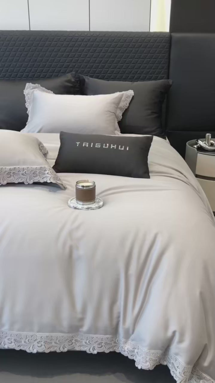 Luxury Lyocell Cotton Bedding Set with Lace Edges – Cozy Duvet Cover and Sheets for Autumn/Winter