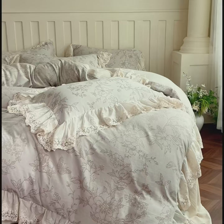 Natural Cotton Linen Jacquard Lace Ruffles Bedding Set – Elegant Duvet Covers for Queen or King Size Beds