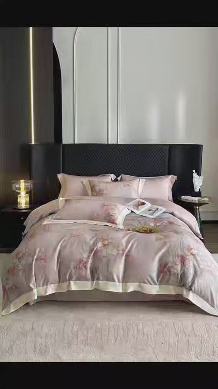 Luxury Lyocell Cotton Bedding Set with Floral Prints – Duvet Cover and Sheet Set for Queen or King Size